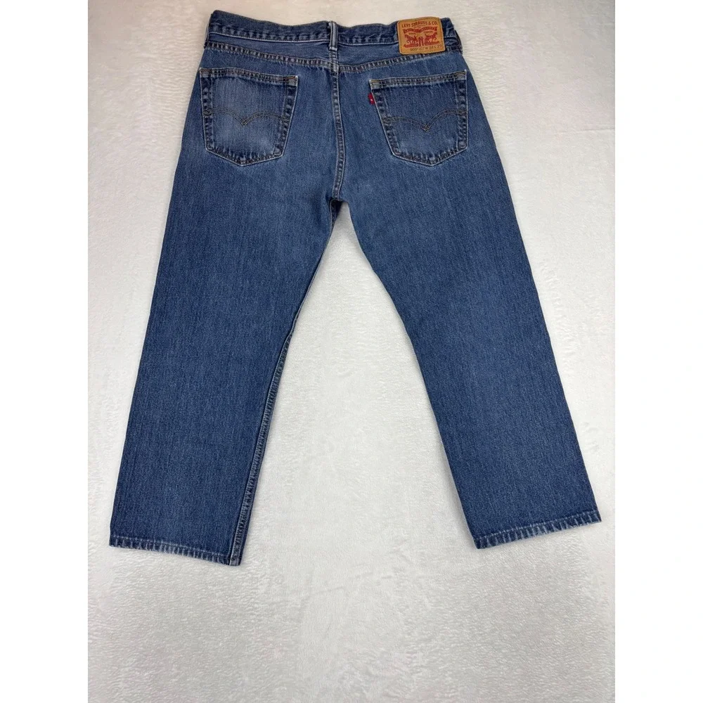 Levis 505 Mens 34x29 Jeans Medium Blue Grungy Wash Denim Nice High Low Fades